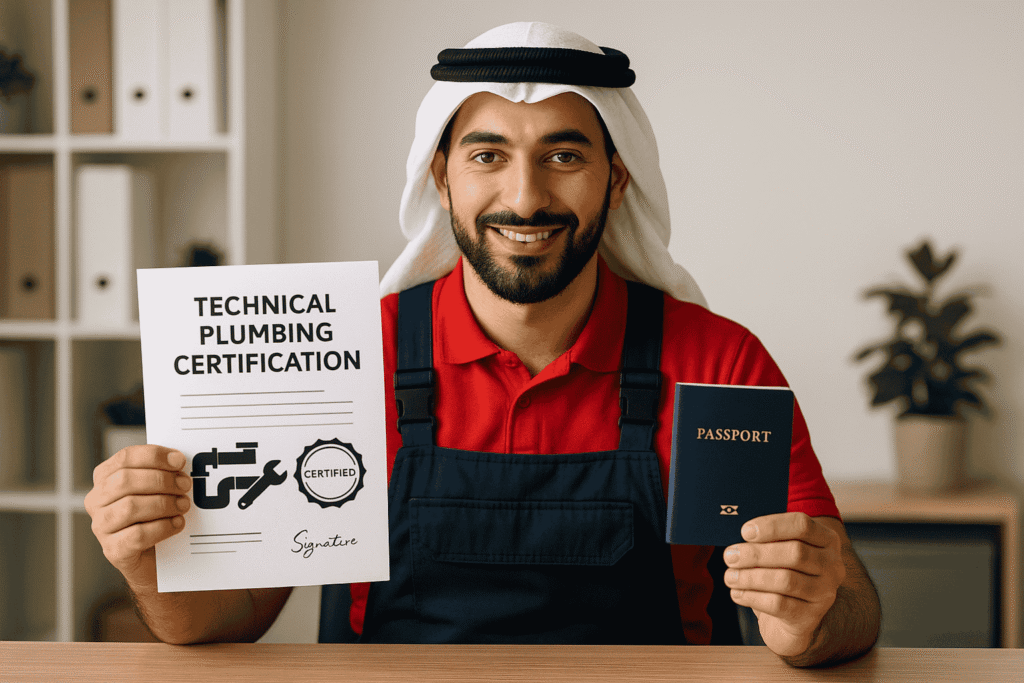 A plumber presenting his technical plumbing certification and passport during an interview in Saudi Arabia