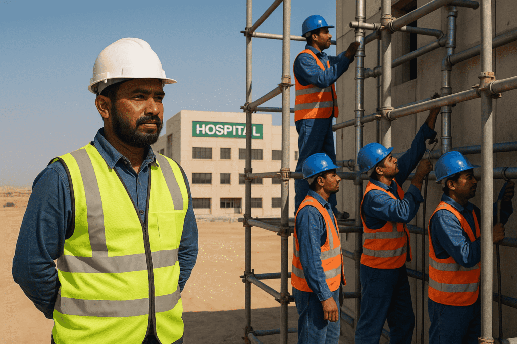 Bangladeshi plumber supervising a plumbing team at a hospital construction site in Riyadh