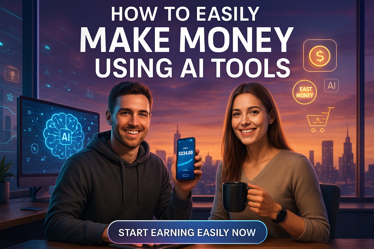 Step-by-step tutorial cover on how to make money using AI tools with educational design and process visuals